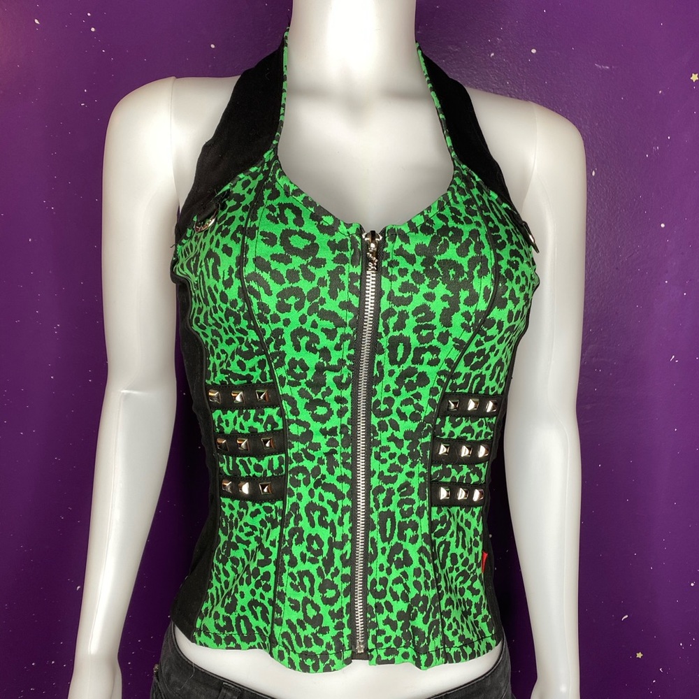Vintage Tripp NYC NEVER WORN Green Leopard stretch corset vest Size Small